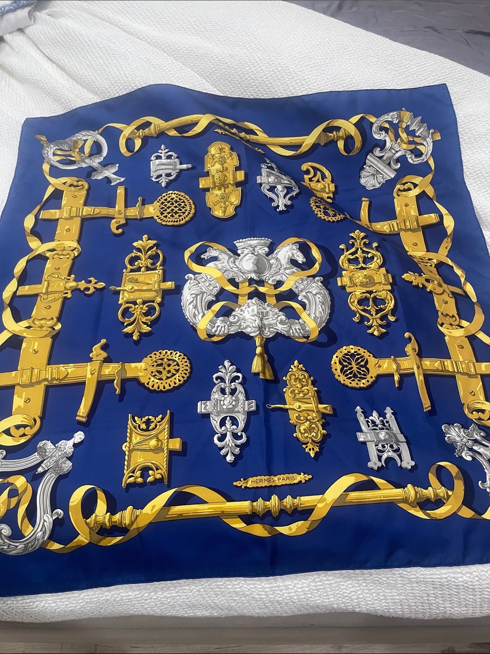 Hermes Silk Scarf in Royal Blue and Gold